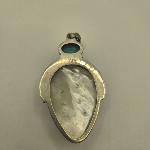 Vintage 925 Sterling Silver Abalone Goddess Bali Pendant Turquoise 2.75" - Picture 4 of 6